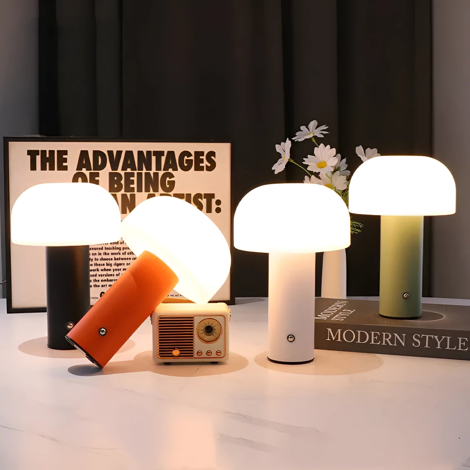 USB-powered table lamp in choice of black, white, orange or green, featuring a built-in charging port