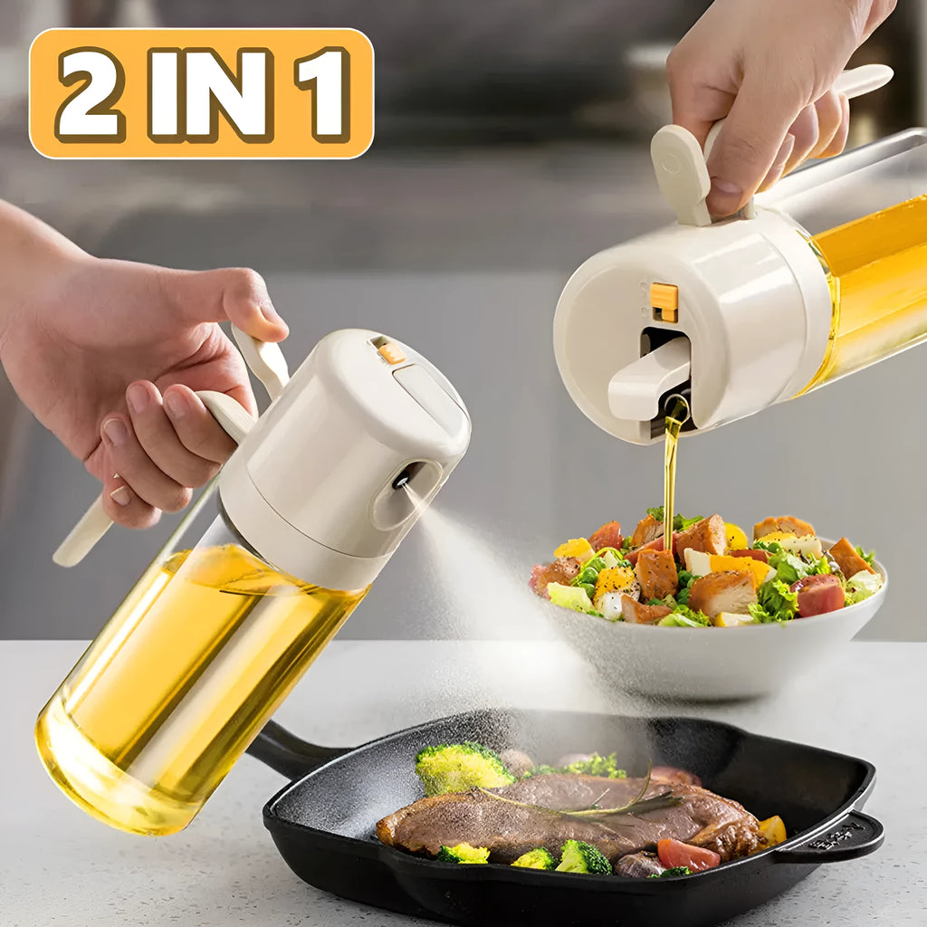 Glass oil sprayer bottle with grey cap, shown in spray and pour modes next to cooking ingredients.