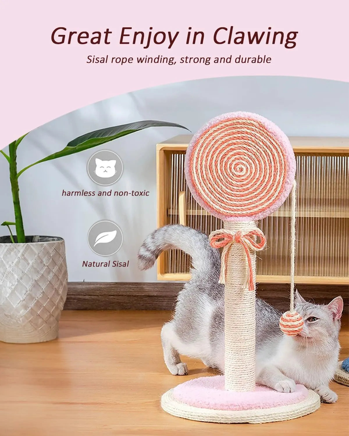 Natural sisal cat scratching post with hanging ball in blue, orange, and pink colour options