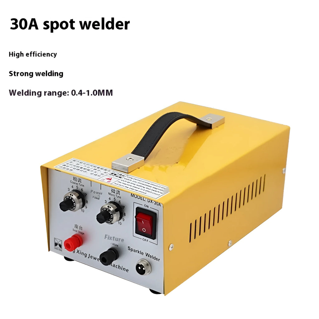 30A DC jewelry spot welder with foot pedal, soldering tweezers, and pedestal on a workbench