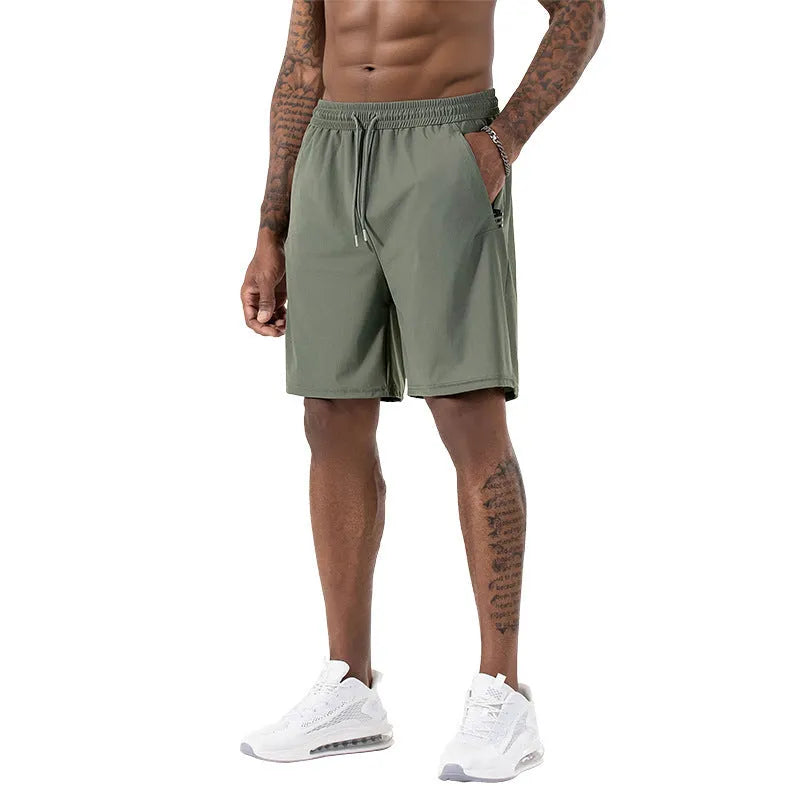 Men's black ice silk quick-drying sports shorts with drawstring waist and cropped length