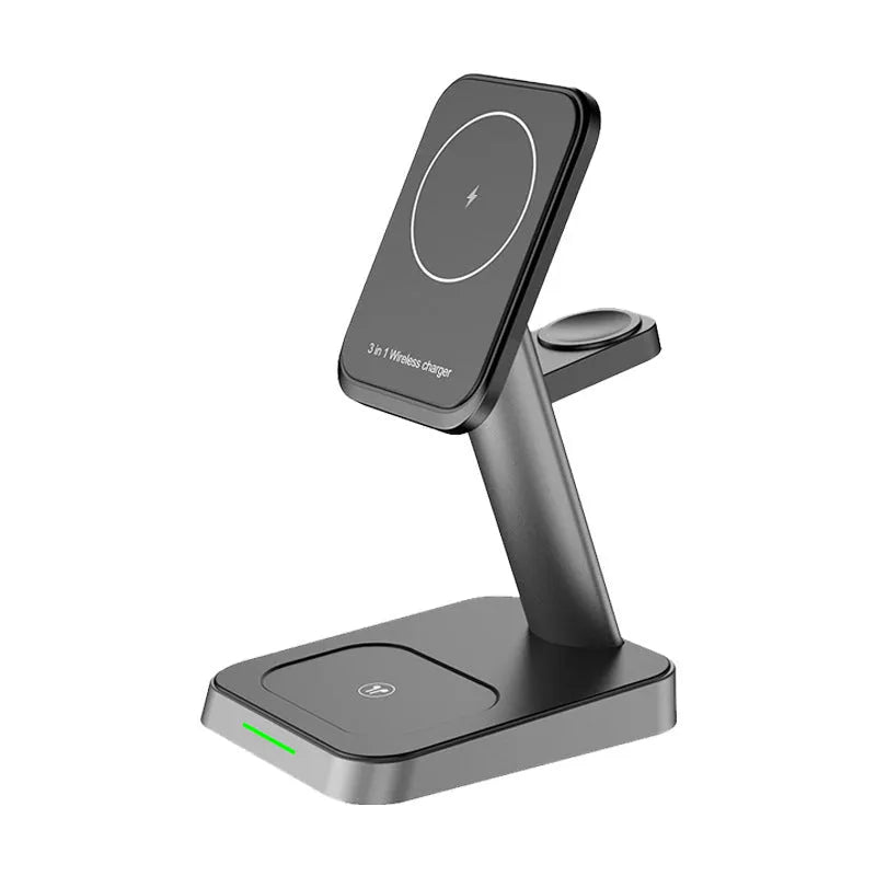 Black cube-shaped 3-in-1 wireless charging station with phone pad, watch dock and 10000mAh power bank.
