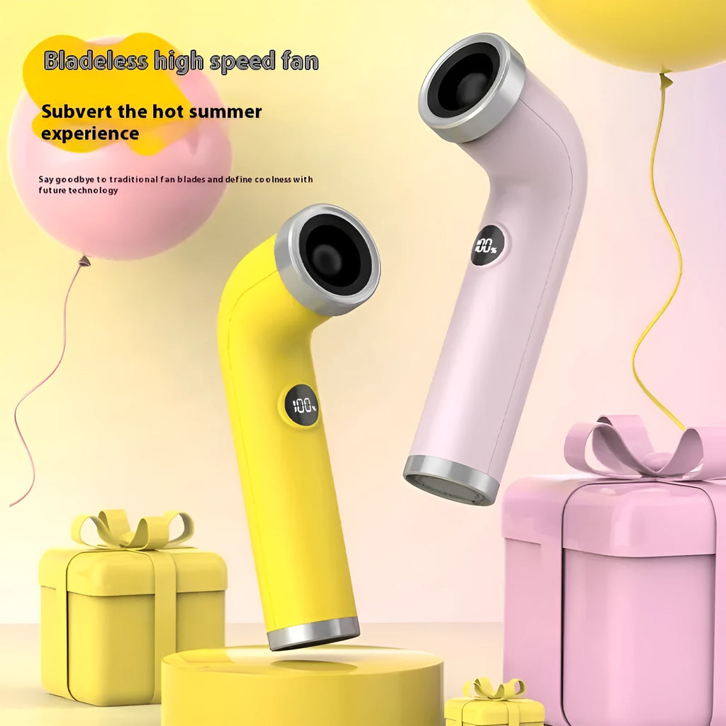 Bladeless high speed turbine little fan in apricot, pink, or yellow colour.