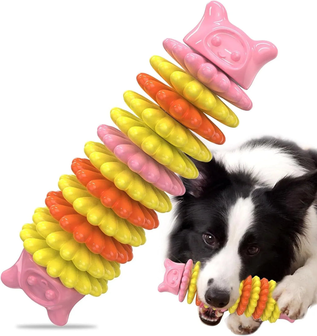Blue rubber caterpillar-shaped dog chew toy measuring 17cm long with uneven biting surface