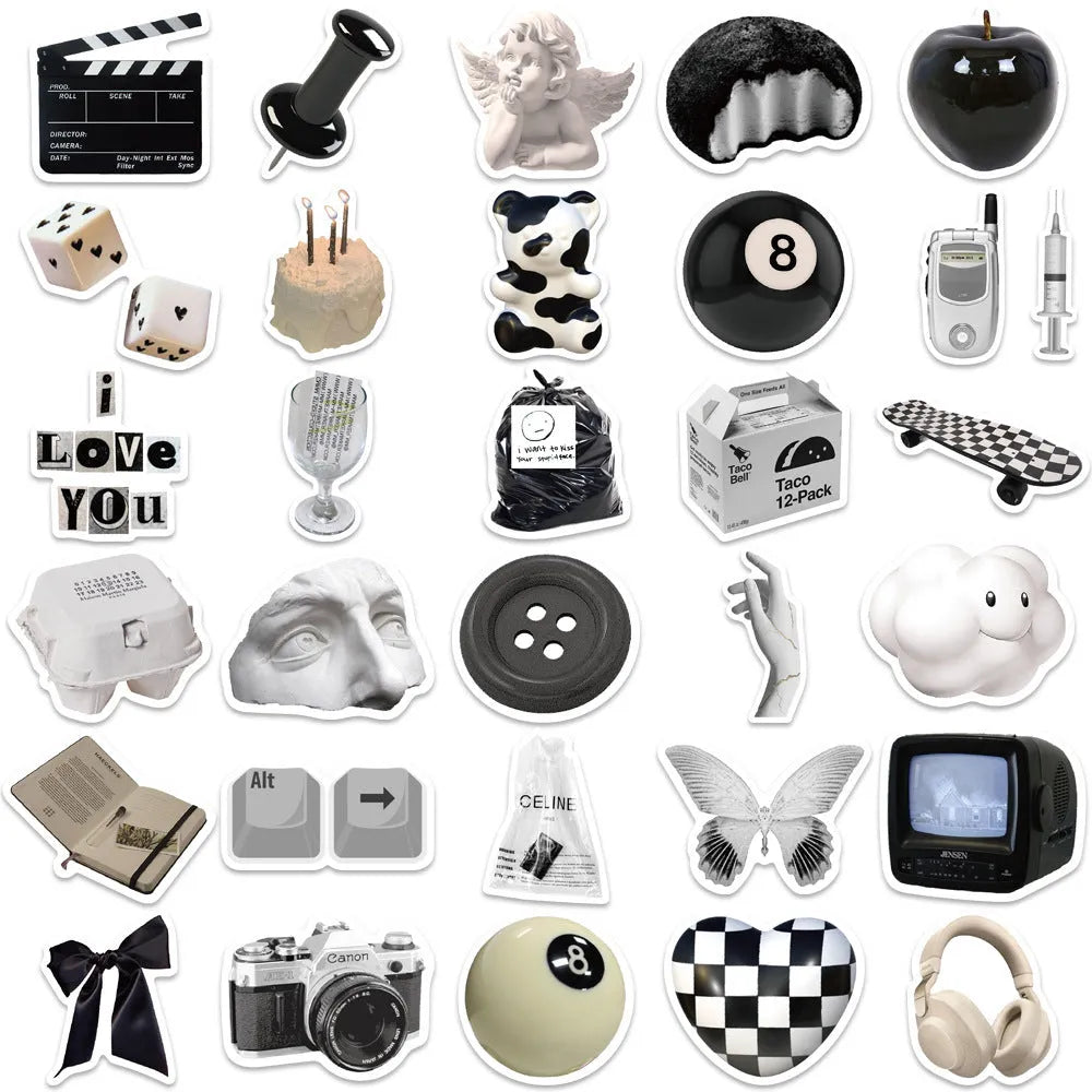 Set of 61 black and white coffee cup design PVC waterproof stickers for laptops and phones.
