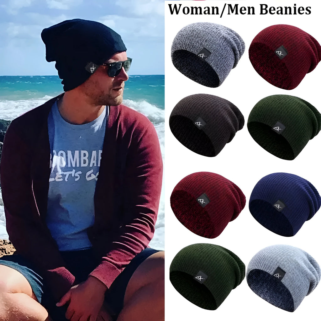 Unisex knitted acrylic beanie in army green on a white background, stretchy 55–60cm fit for outdoor winter use