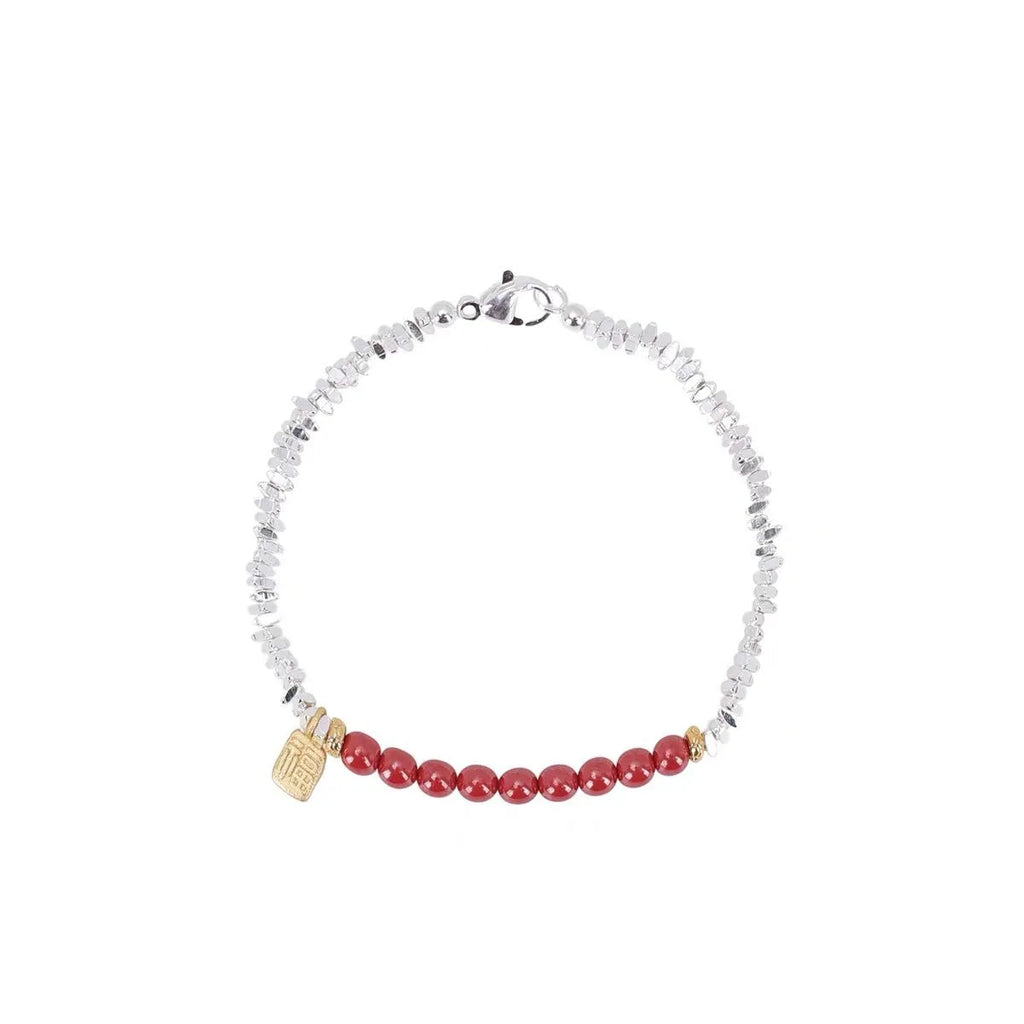 16cm silver white K couple bracelet with geometric design and round lucky beads on copper