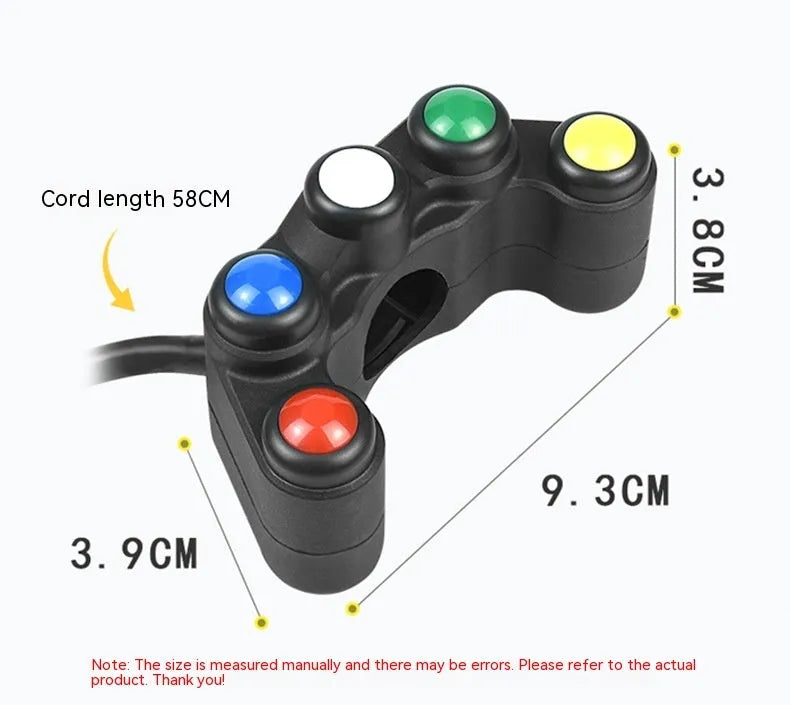 Plastic five-position rocker switch with coloured button, 52cm cable, and mounting bracket for vehicle accessory control.