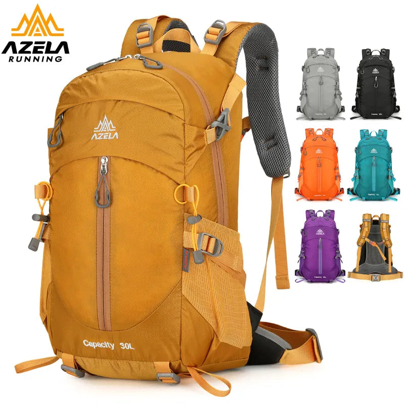 AZELA 30L outdoor hiking backpack with adjustable straps in black, blue, grey, purple, sunset red or yellow