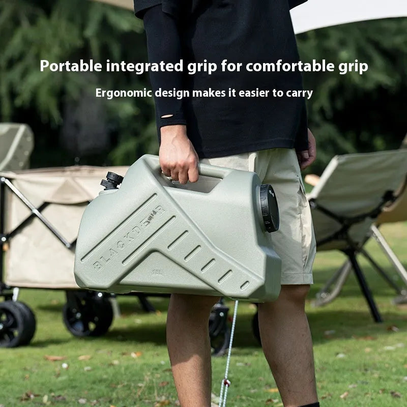Green portable water storage tank with carry handles in backpack and snail designs