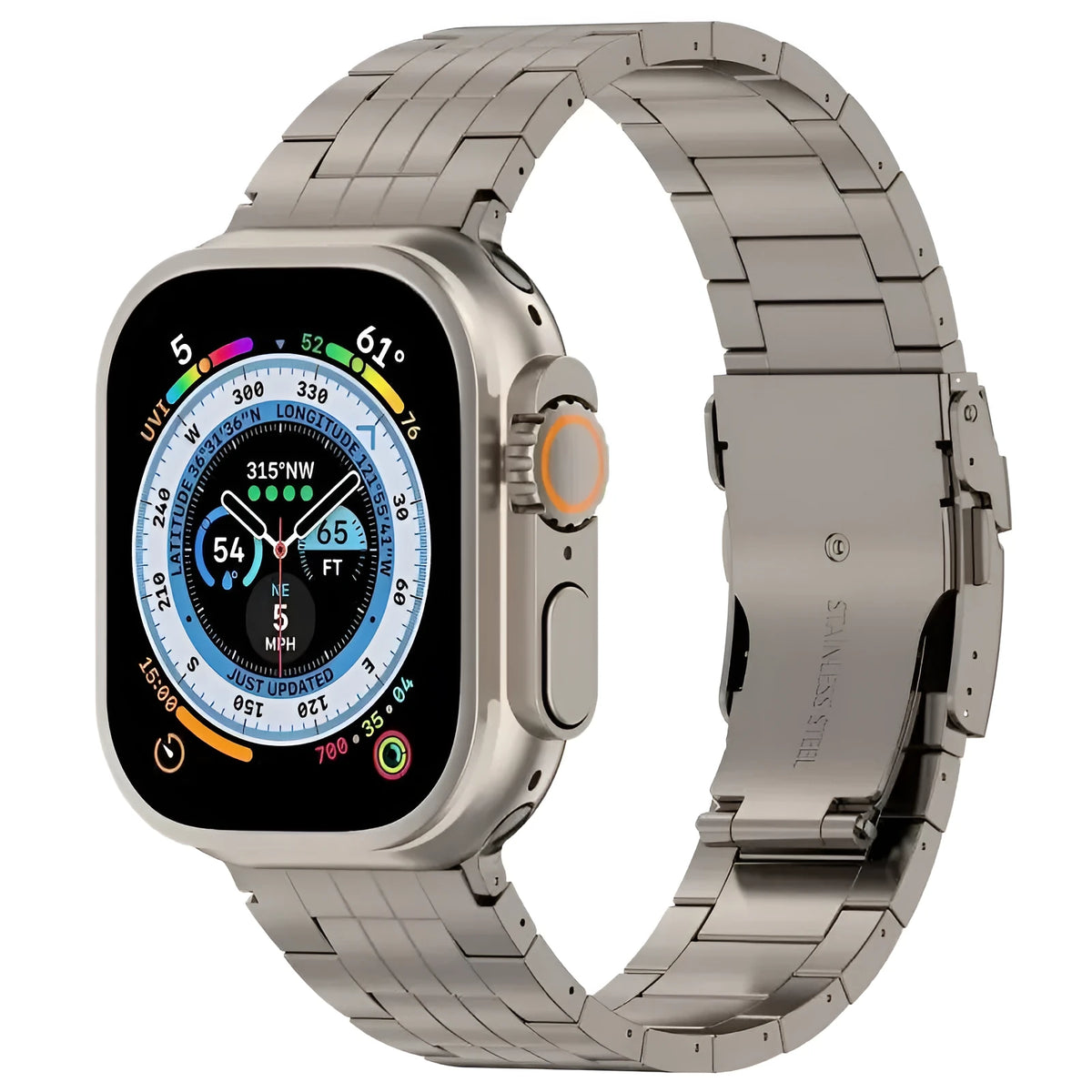 Titanium five-bead watch strap with safety catch in black, silver or titanium colour, 38mm to 49mm