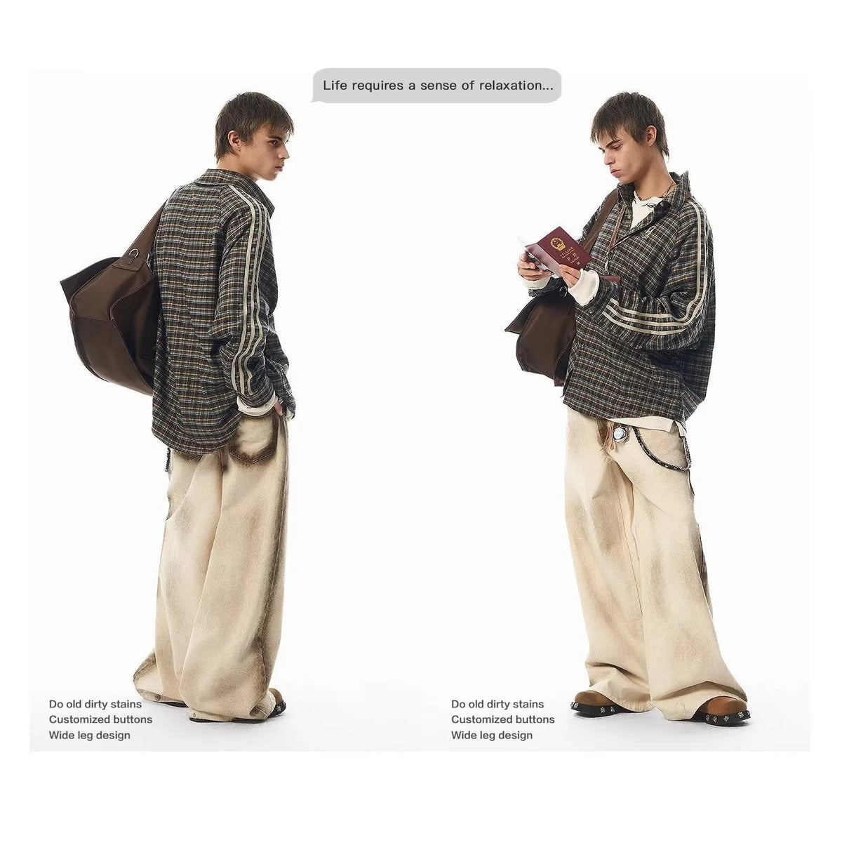 Beige loose straight floor-length cotton pants with mid-rise waist and non-stretch fabric