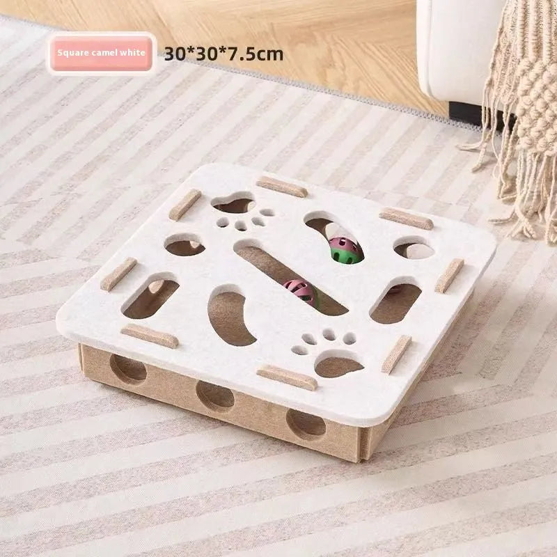 Green brown felt box cat toy with holes for paw play, measuring 30x30x7.5 cm.