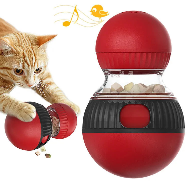 Rotating plastic cat toy with a colourful super ball on a base, showing dimensions.