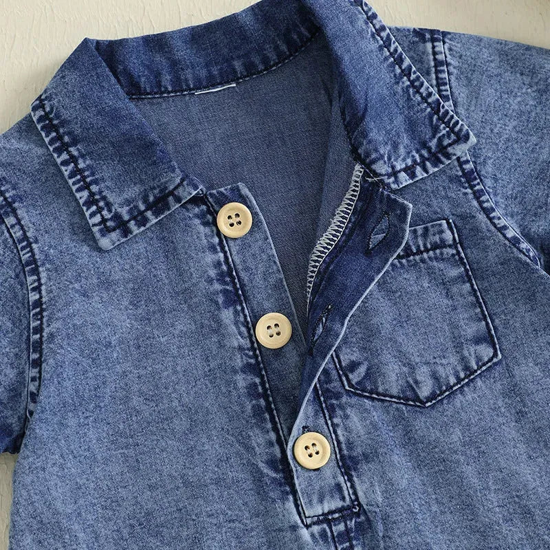 Blue western style solid colour short sleeve cotton romper for baby boys sizes 0 to 18 months