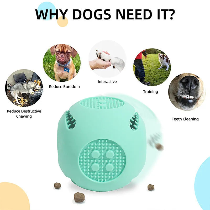 Silicone dice-shaped dog toy in yellow, sky blue, or green for treat dispensing and slow feeding.