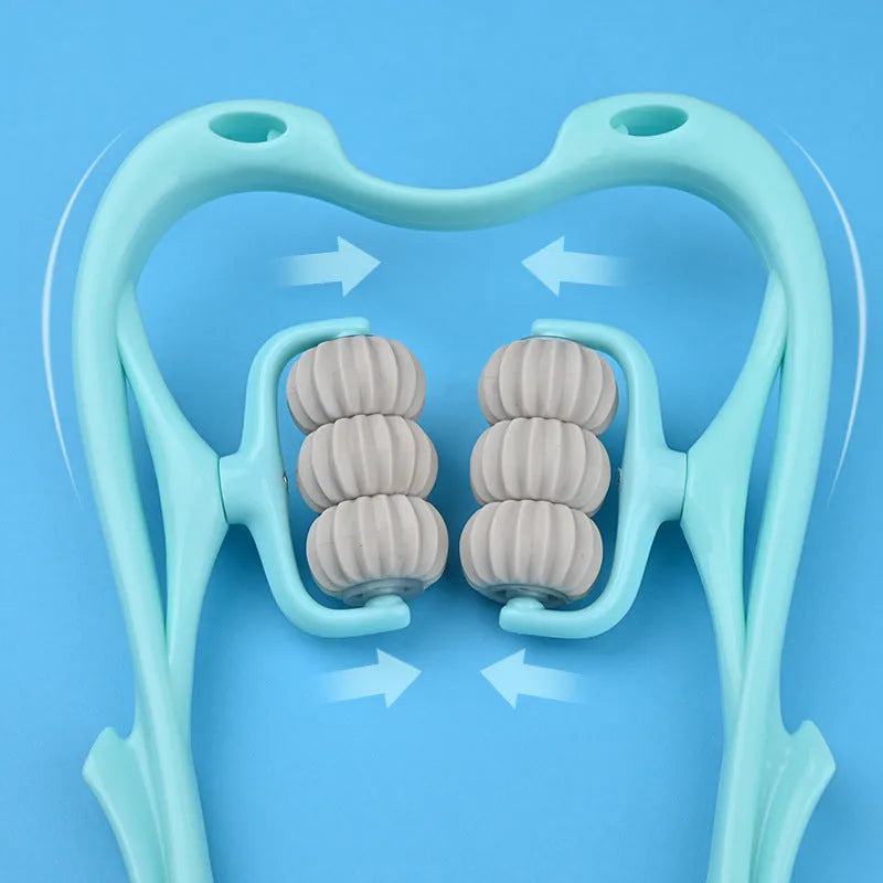Blue plastic handheld six-wheel manual massager for neck, shoulder, and waist.