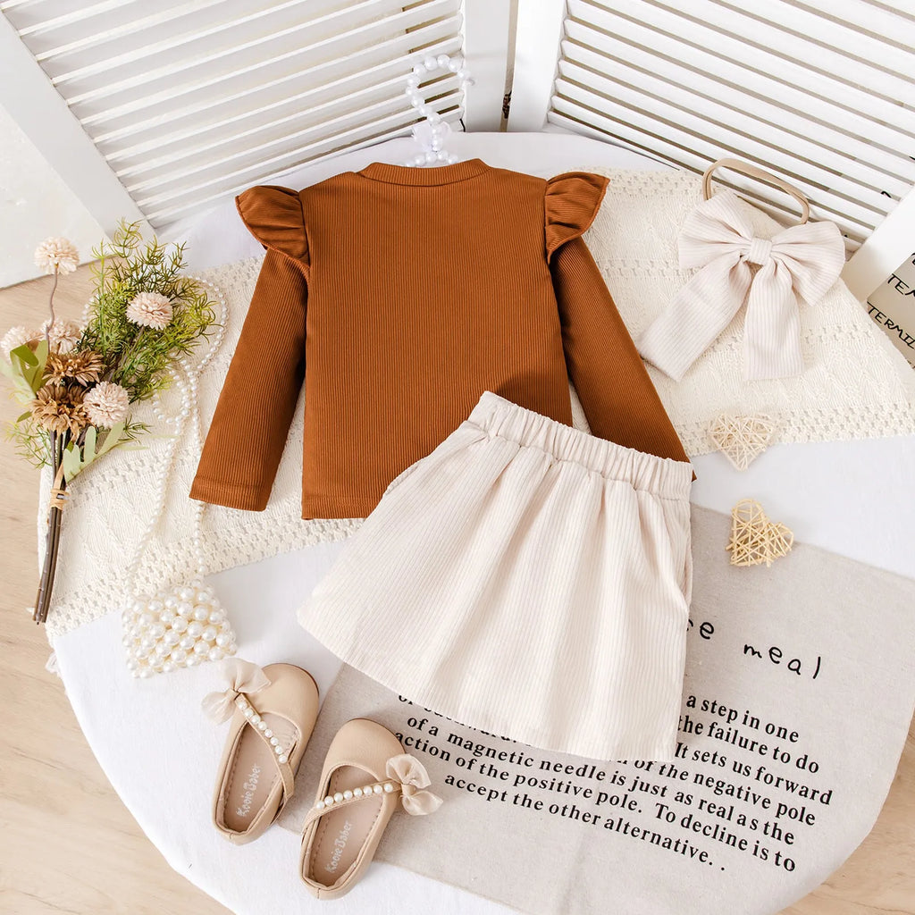 Brown striped long-sleeve top and short skirt cotton dress set for toddlers