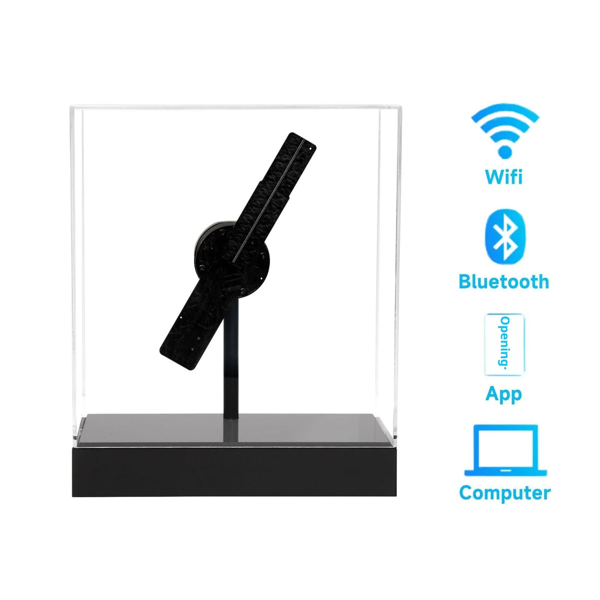 Holographic 3D fan screen displaying a floating holographic image on a desk with a remote control nearby