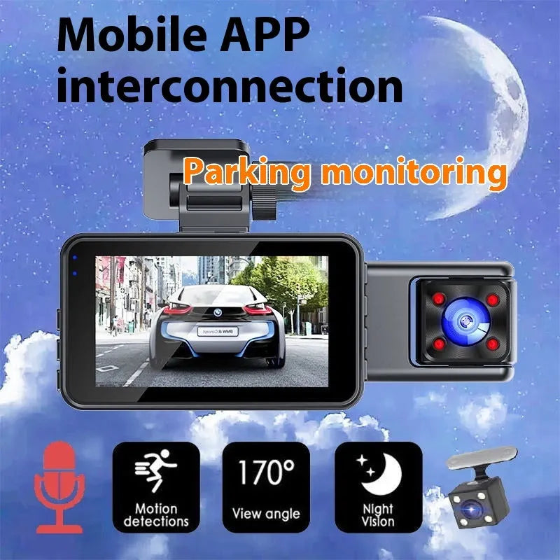 Black 3 lens dashboard camera for car windshield with 3 inch screen.