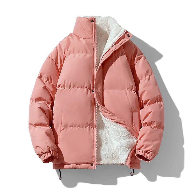 Unisex warm loose stand-collar coat in black, white, gray, blue, or pink, sizes S to 3XL