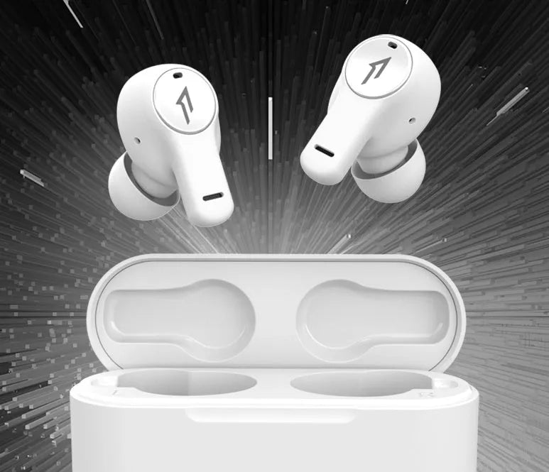 Pearl white and black true wireless Bluetooth sports headphones with in-ear design.