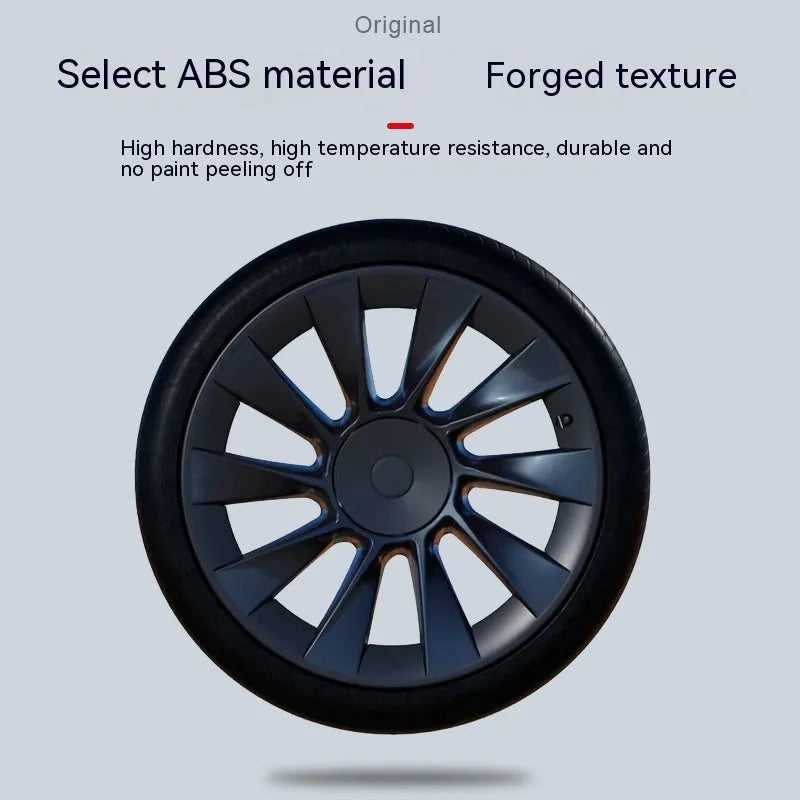 Set of four plastic wheel hub covers for Tesla Model Y in carbon fibre pattern finish.