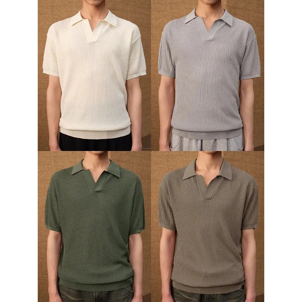 Men's creamy white polo shirt with short sleeves and a loose fit on a hanger.