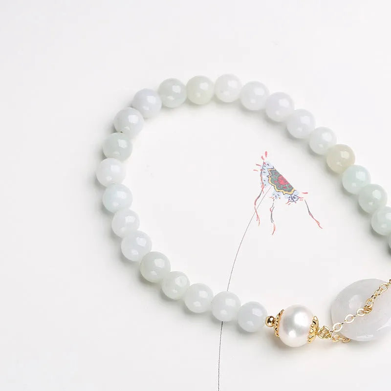 Natural emerald jade pearl bracelet with geometric peace buckle pendant and Chinese national style design