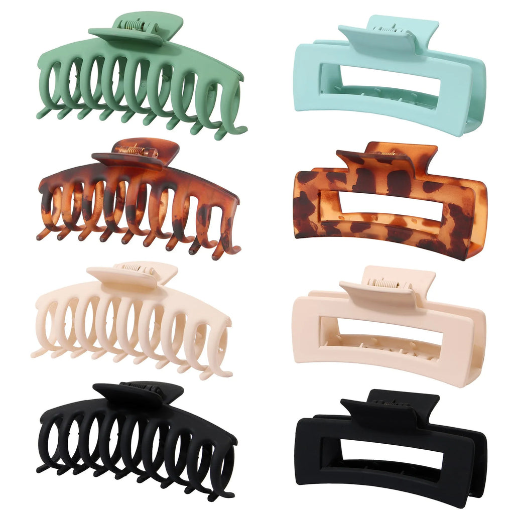 Six nude-coloured plastic hair clips with frosted grip and pointed toe design arranged on white background