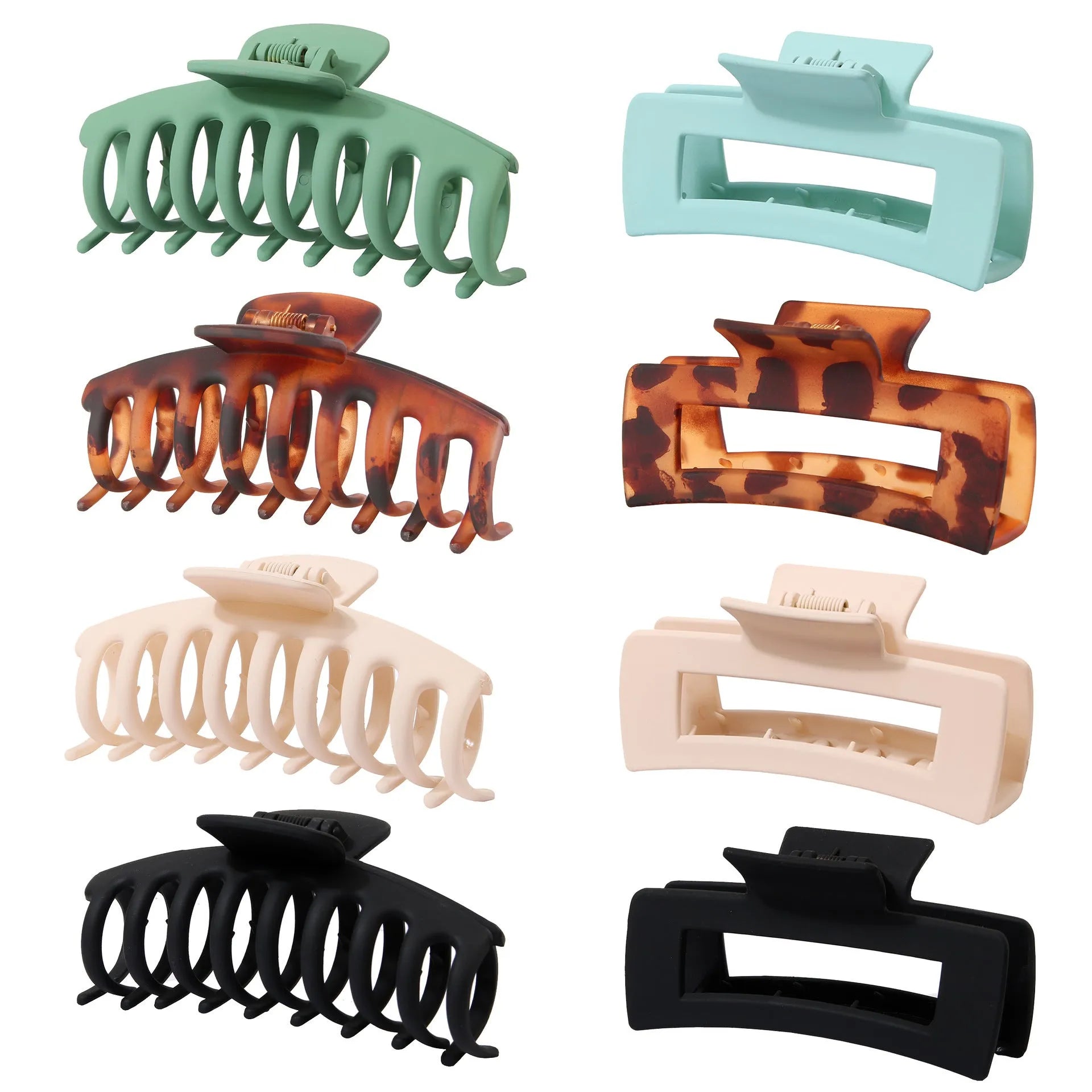 Six nude-coloured plastic hair clips with frosted grip and pointed toe design arranged on white background