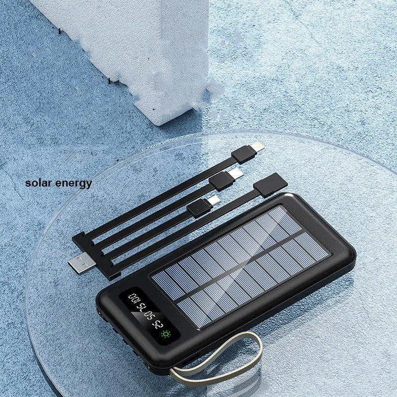Black or white solar power bank showing the solar panel and USB ports, with a multi-purpose charging cable.