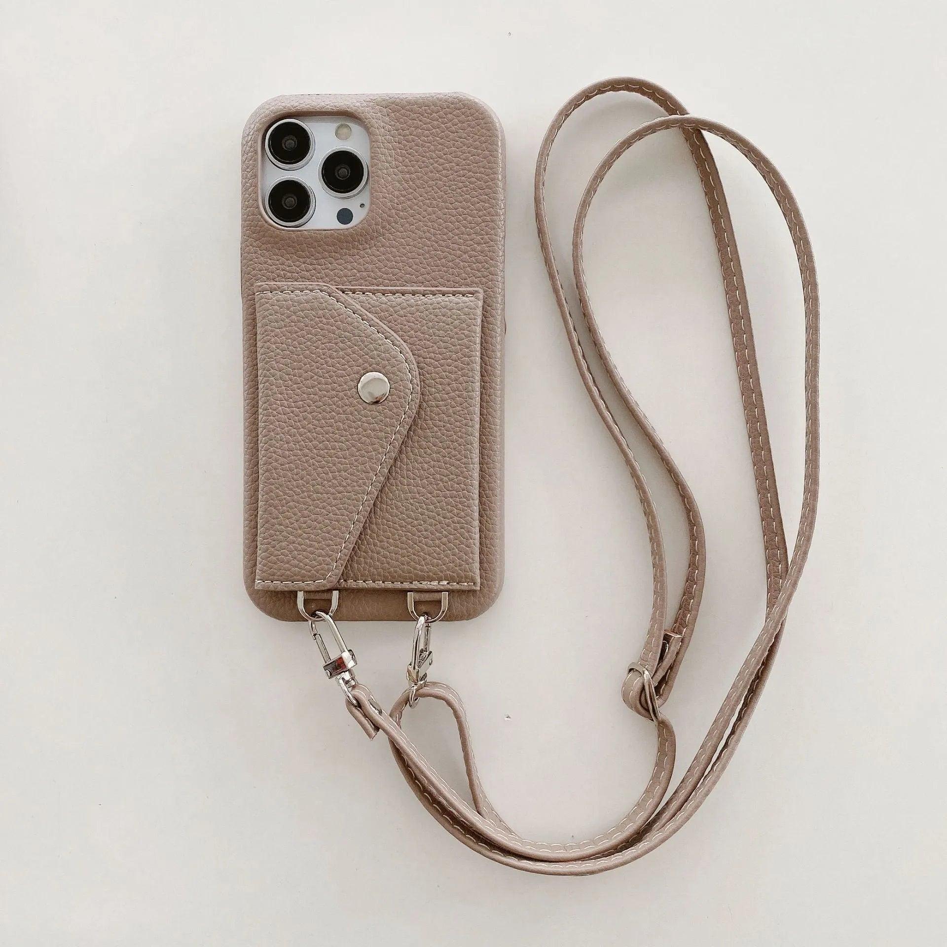 White PC leather card holder crossbody phone case with lychee pattern, triangle veil card slot, and lanyard for iPhone