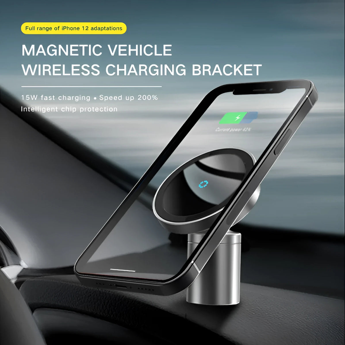 15W magnetic car wireless charger, silver rotating base bracket for iPhone 12 series and Android phones
