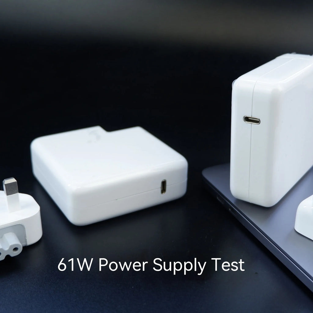 Laptop power adapter charger with USB C-to-C cable showing compact size
