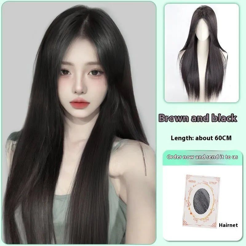 Female full-head wig with forehead lace in brown black colour showing fluffy construction and seamless hairline blending