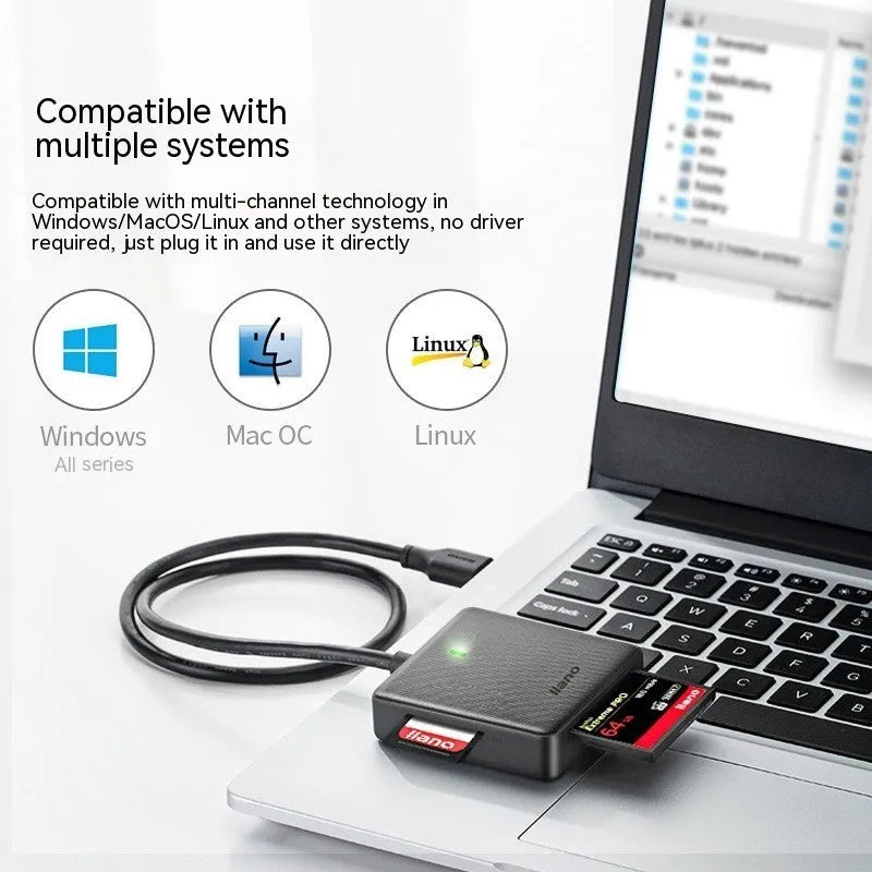 SDTFCF USB 3.0 multi-drive card reader with Type-C, compact ABS body, reads four memory cards at once
