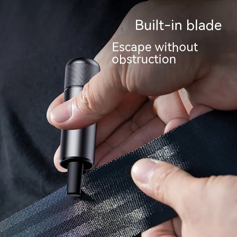 Aluminium alloy car safety escape hammer with textured finish on a dark background.