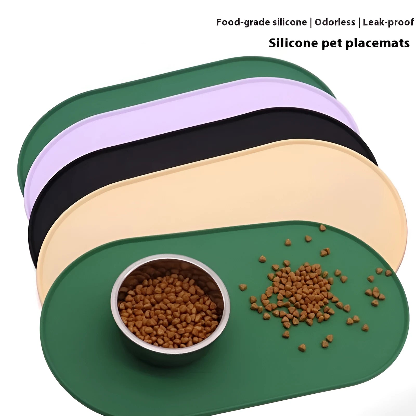 Green silicone waterproof cat feeding placemat with food bowl on it, showing non-slip textured surface.