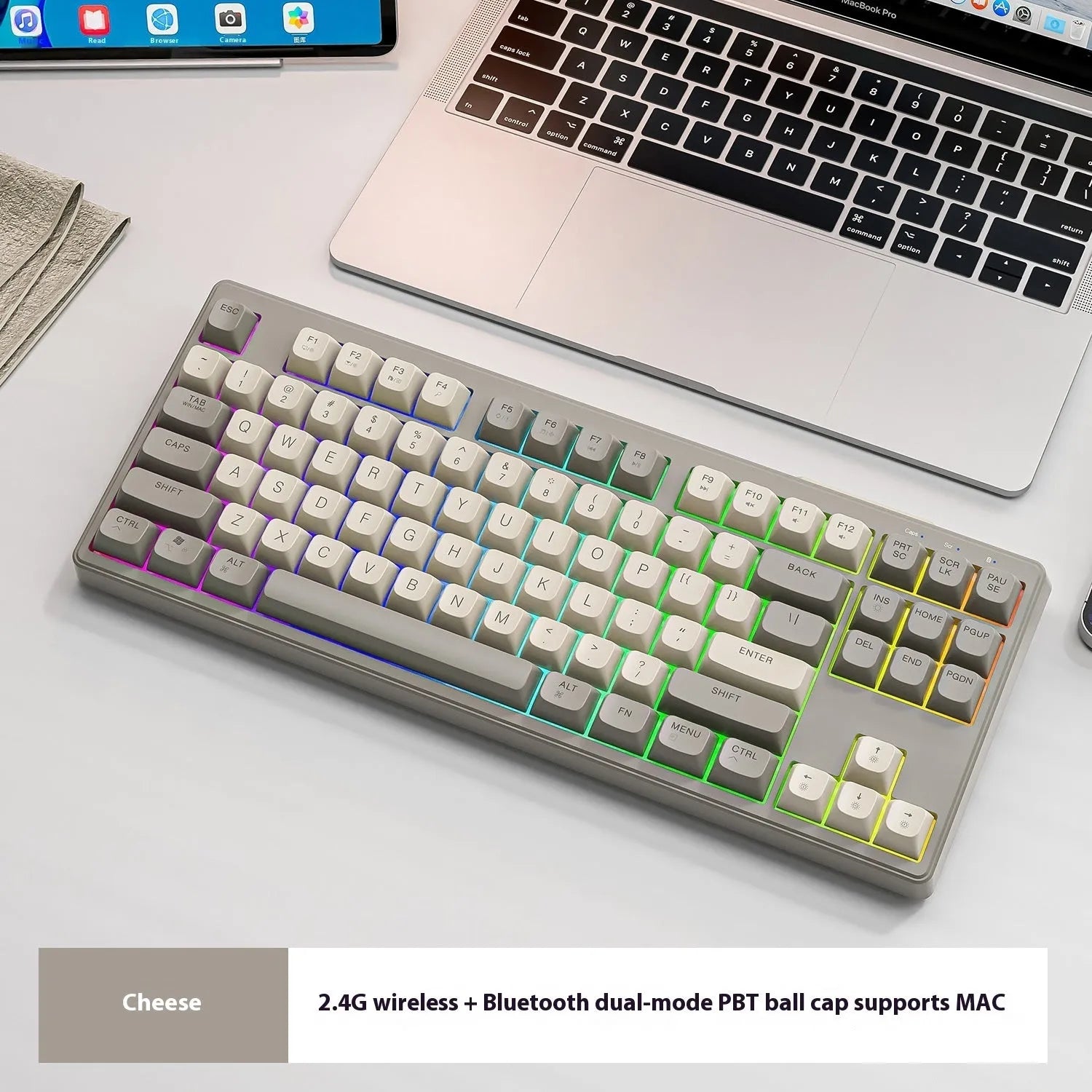 Wireless Bluetooth dual mode mechanical feeling keyboard in blueberry colour with USB receiver and cable