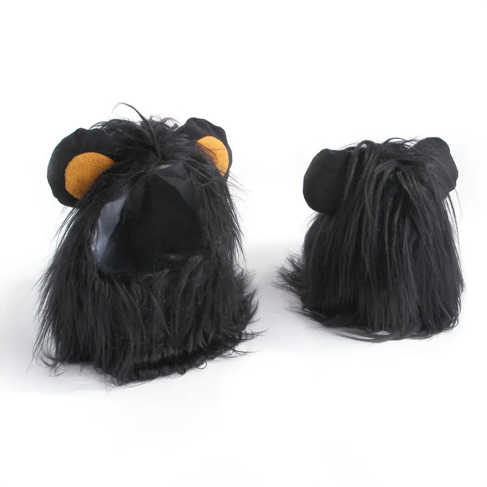 Black cat headgear wig hat costume accessory showing puppy lion design on cat