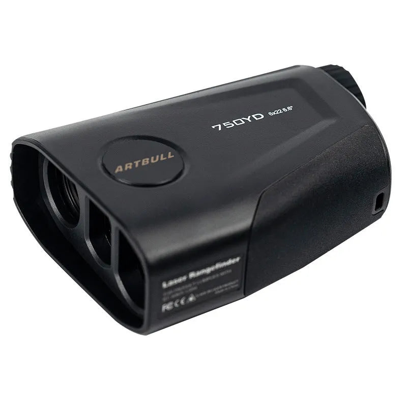 Golf laser rangefinder with LCD display showing distance measurement, Type-C charging port