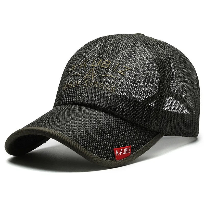Men's adjustable cotton mesh baseball cap in Army Green colour on a white background.