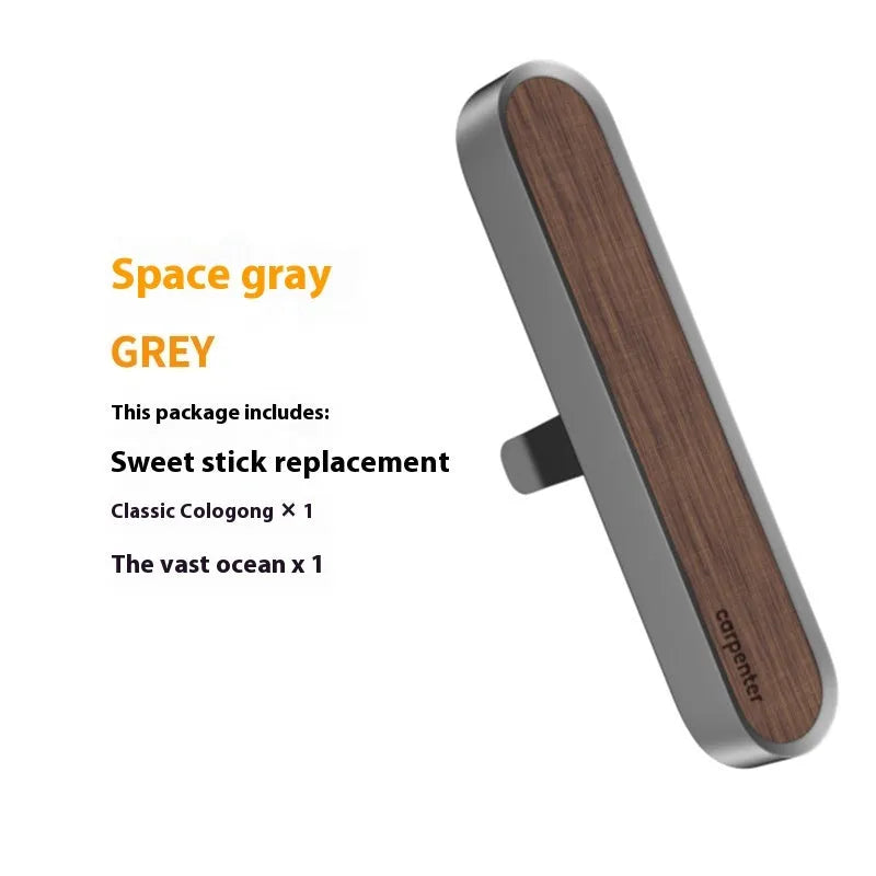 Dark grey walnut wood car aromatherapy air outlet decoration with alloy detail and two fragrance pieces