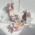 Purple satin Lolita wedding shoes with square toe brackets and stiletto heels