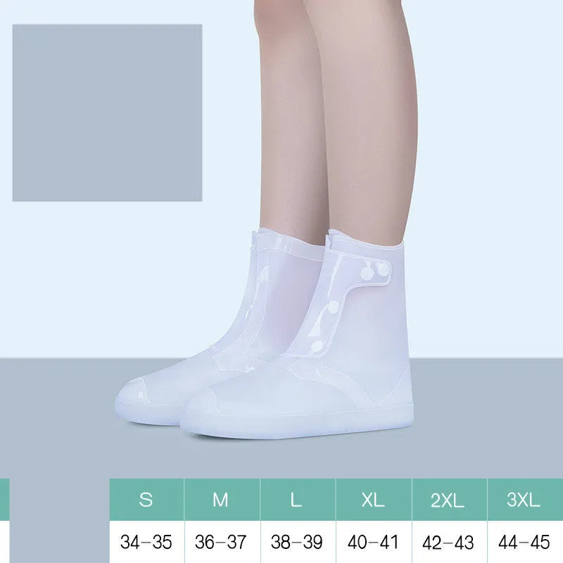 White reusable PVC high-top waterproof shoe cover for women with anti-skid sole.