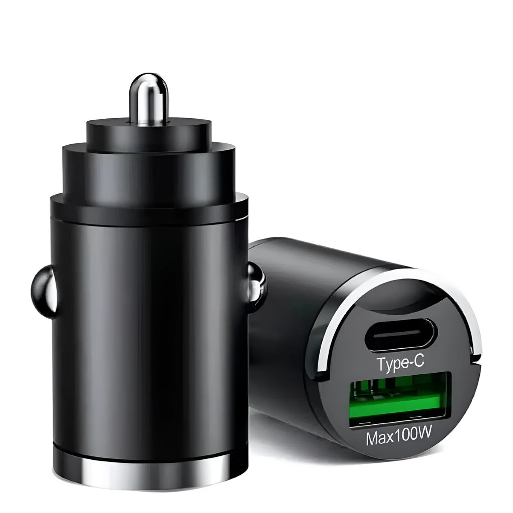 Black metal car charger with invisible pull-tab design for 100W super fast USB charging