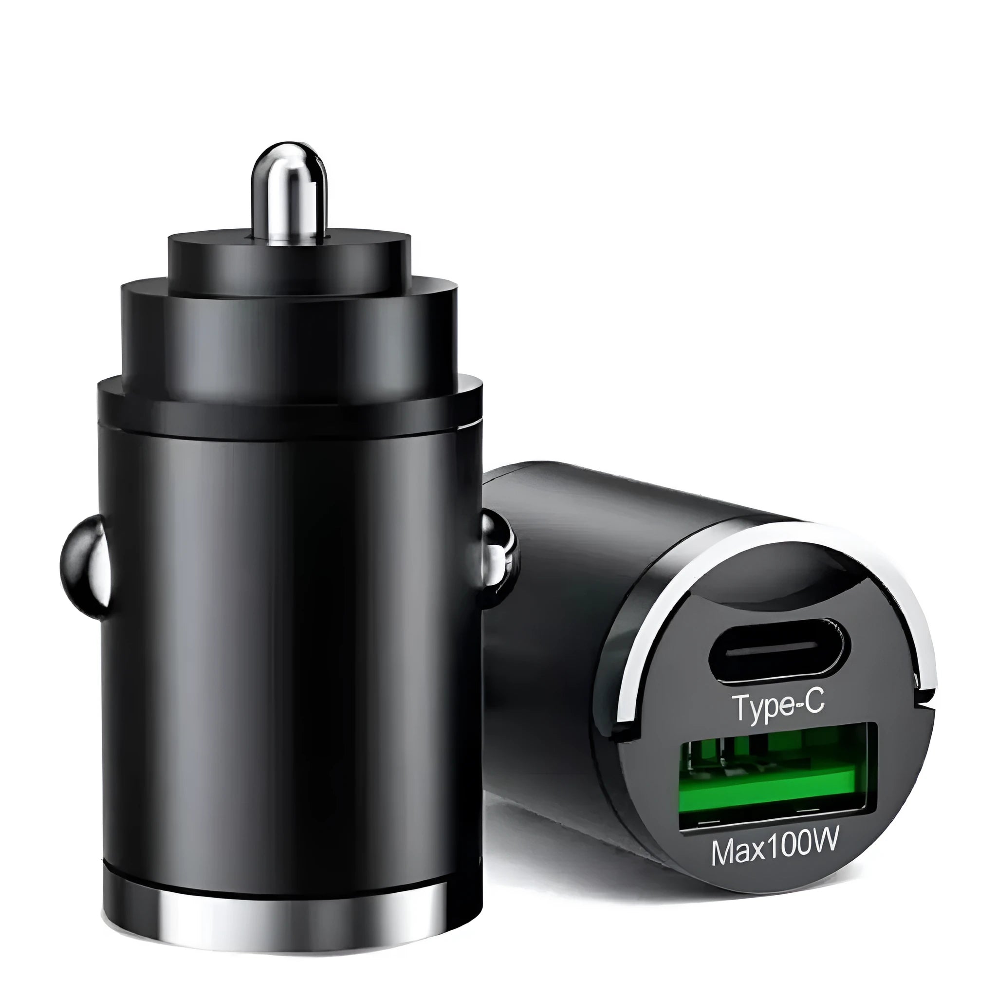 Black metal car charger with invisible pull-tab design for 100W super fast USB charging