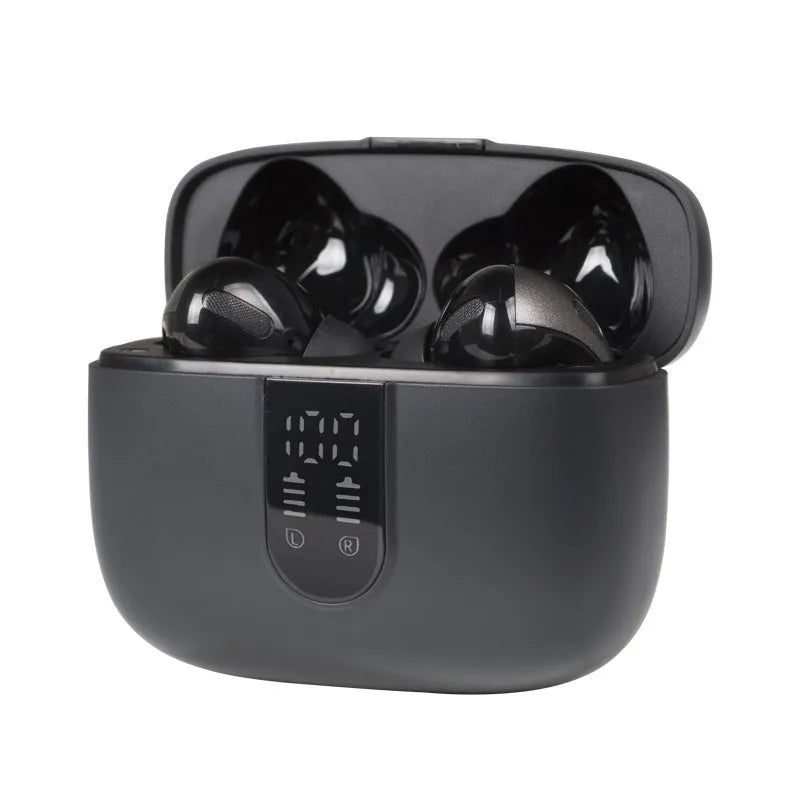 Jelly X08 wireless Bluetooth earbuds in charging case, showing digital display, available in black, grey, or white.