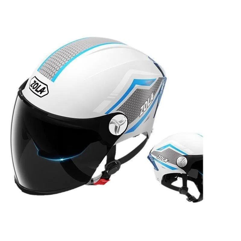 Motorcycle half helmet in various colours with a double mirror visor, shown on a neutral background.